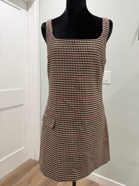 Zara Checked Square-Neck Mini Dress in Brown, Black and Red Small